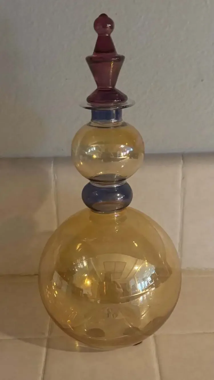 Vintage Rainbow Glass Italian Amber and Blue Art Glass Decanter Burgundy Stopper